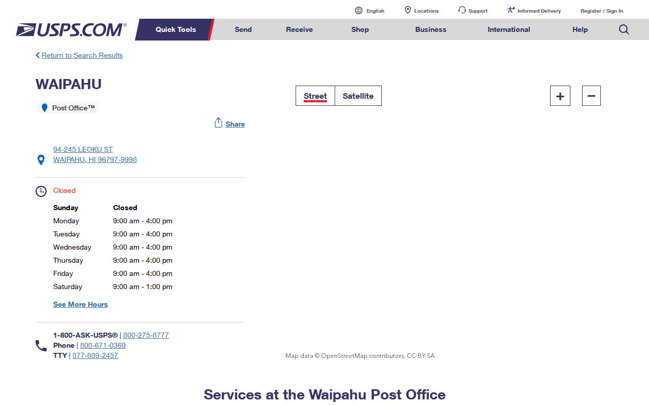 USPS Waipahu Post Office listing showing the 96797 postal anchor